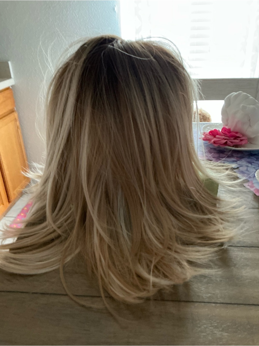 Women’s Blonde Layered Synthetic Hair Wig - Natural Blonde,highlights w/bangs.